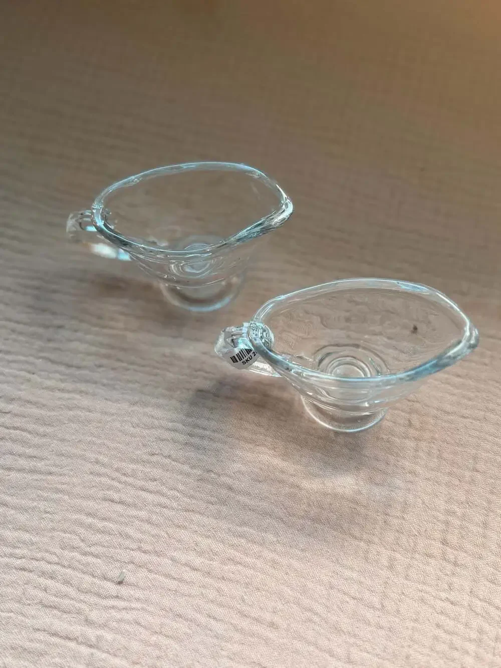 Set of 2 Clear Glass Mini Gravy Boats with Handles and Pedestal Base